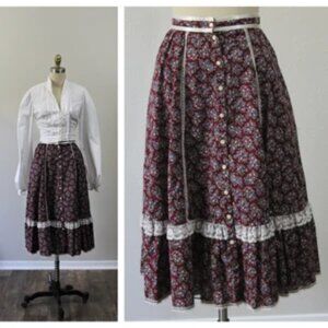 Vintage Gunne Sax Prairie Skirt in Burgundy Floral XXS